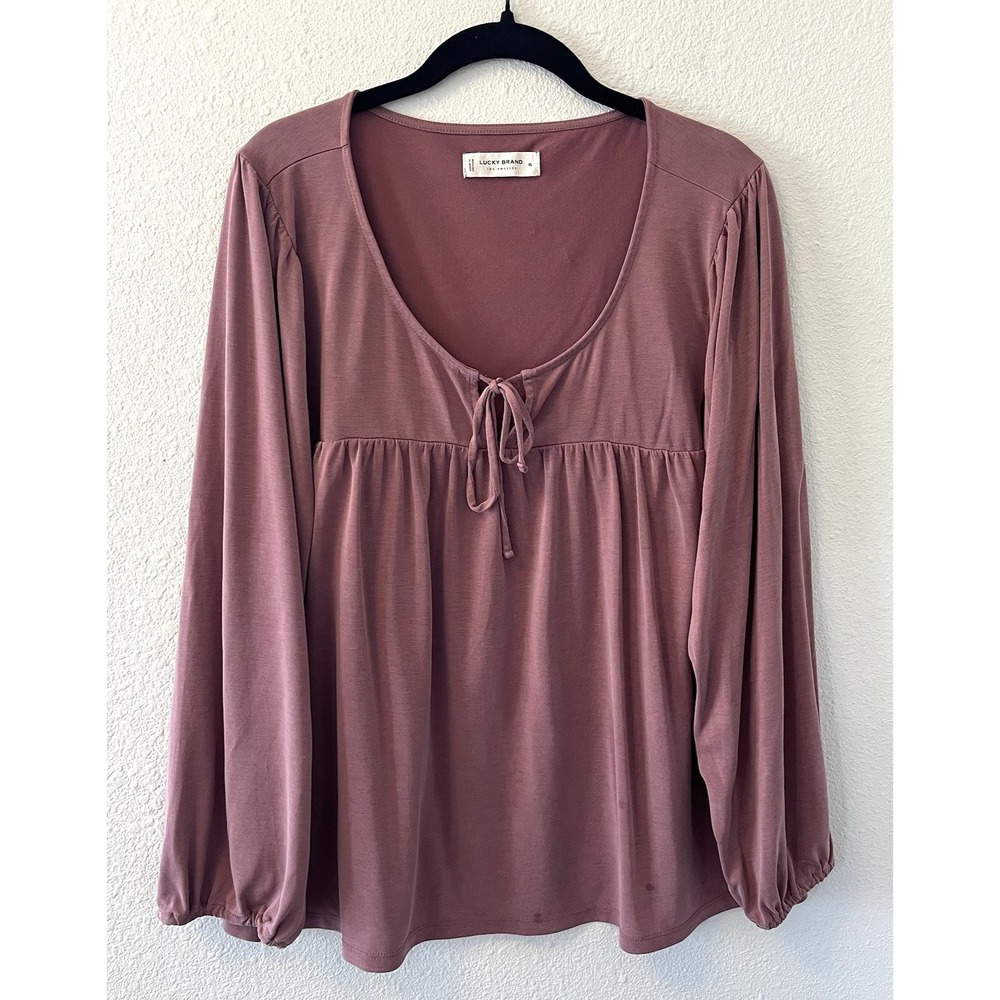 Lucky Brand Women's Top Size XL Scoop Neck Tie Front Long Sleeve Dusty Pink